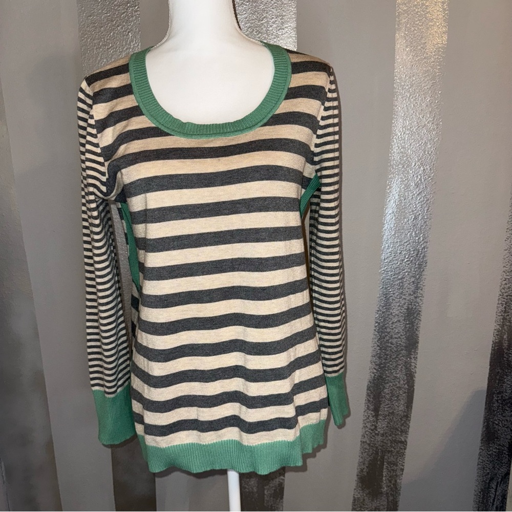Green Gray‎ Stripes Women's Lightweight Sweater Earthy Casual BOHO Preppy